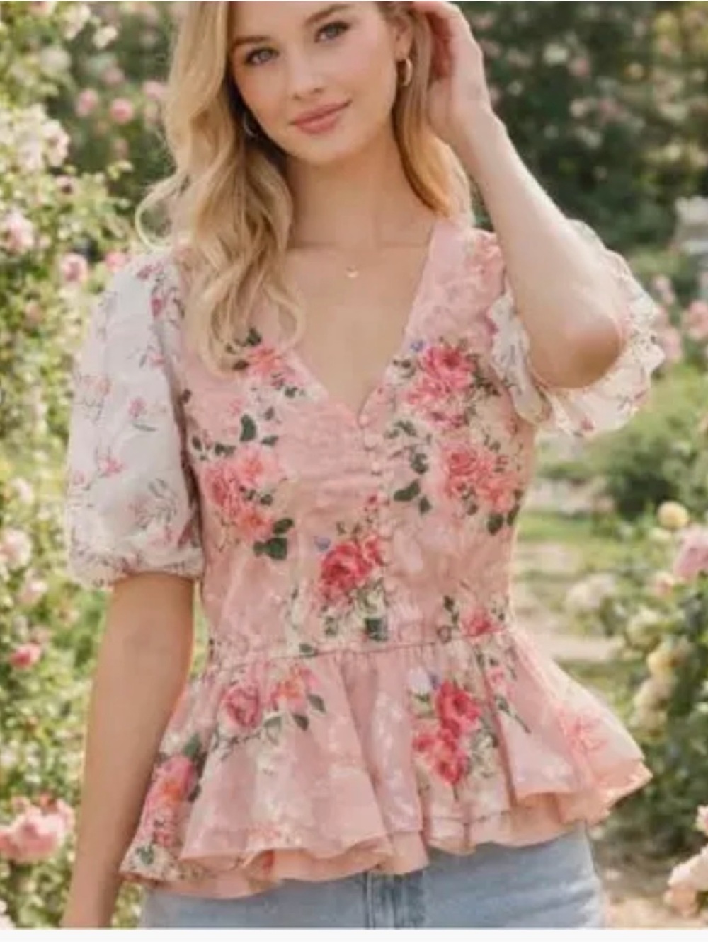 Anthropologie HEMANT & NANDITA Pink rose Floral Peplum shirt NWT size M